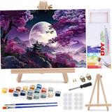 MaiMMaledy Paint by Numbers Kit 12Lx8W inch for Adults Beginners Canvas Pictures with Framed Drawing Painting Acrylic Pigment with Wooden Triangle Easel Moon MaiMMaledy