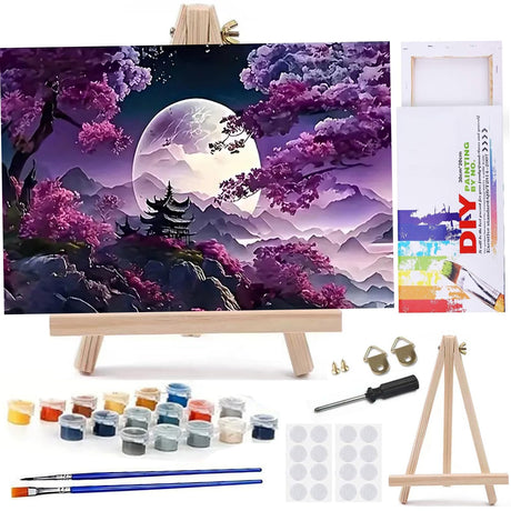 MaiMMaledy Paint by Numbers Kit 12Lx8W inch for Adults Beginners Canvas Pictures with Framed Drawing Painting Acrylic Pigment with Wooden Triangle Easel Moon MaiMMaledy