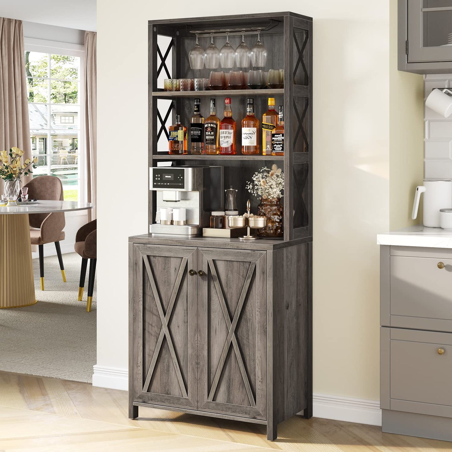 YITAHOME Kitchen Pantry Cabinet Storage Hutch with Microwave Stand Wine Rack, Freestanding Pantry Cabinet with Adjustable Shelves and Cupboard for Home, Rustic Grey Wash