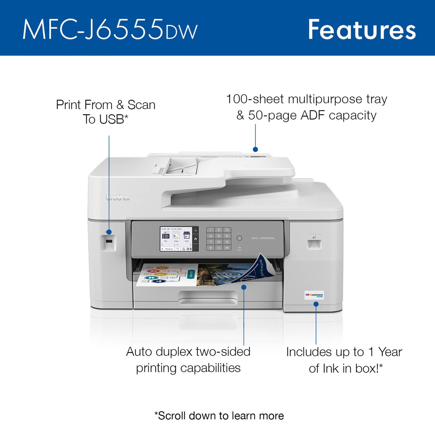 Brother MFC-J6555DW INKvestment Tank Color Inkjet All-in-One Printer with up to 1 Year of Ink in-box1 and 11” x 17” Print, Copy, scan, and fax Capabilities,White