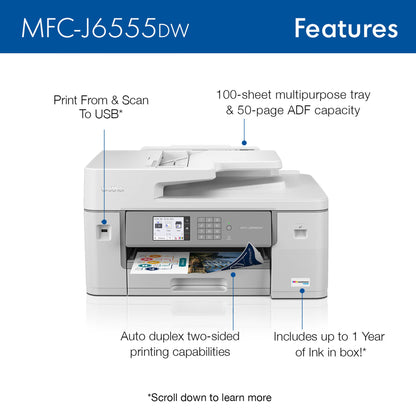 Brother MFC-J6555DW INKvestment Tank Color Inkjet All-in-One Printer with up to 1 Year of Ink in-box1 and 11” x 17” Print, Copy, scan, and fax Capabilities,White