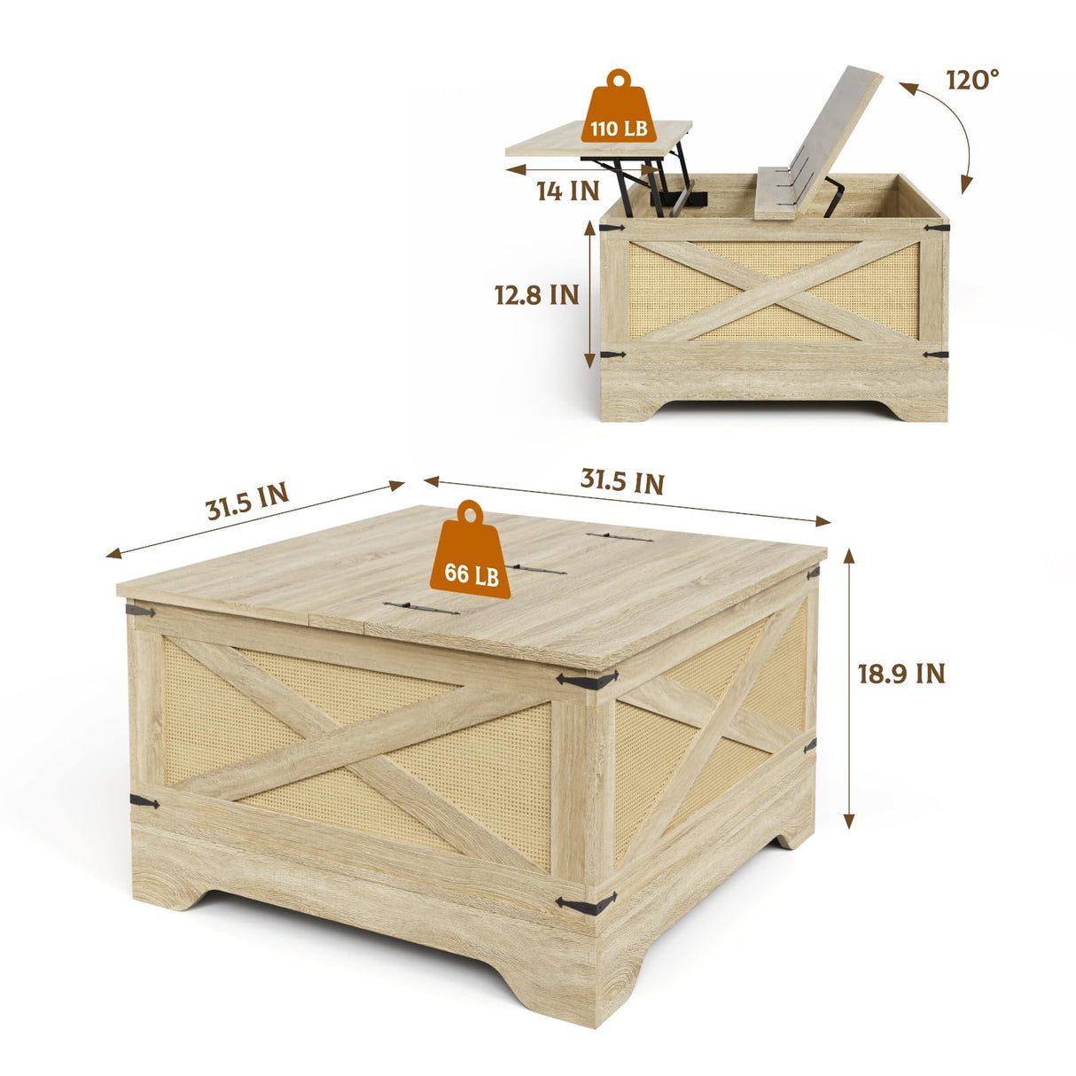 HAIOOU Farmhouse Coffee Table with Storage,Square Lift Top Coffee Table for Living Room with LED Light,Small Rustic Center Table for Small Space Bedroom Home Office(Natural,Rattan) HAIOOU