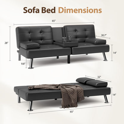 Shahoo Convertible Folding Futon Sofa Bed Sleeper Couch for Living Room Faux Leather Upholstered Loveseat w/Removable Armrests, Metal Legs, 2 Cup Holders, Brown