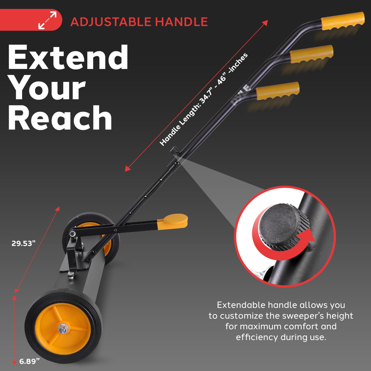 Pyle 24” Rolling Magnetic Sweeper with Adjustable Handle - Strong and Durable Metal Construction, Heavy-Duty Cleaning, Metal Pickup for Industrial and Commercial Use (Black and Orange) Pyle