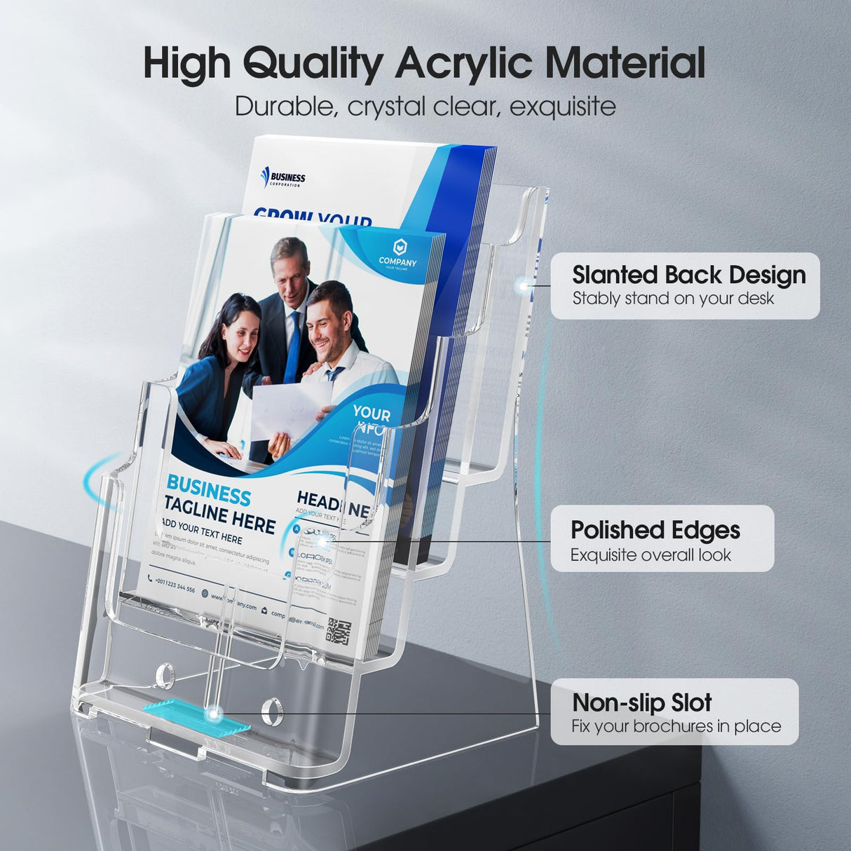 MaxGear Acrylic Brochure Holder 8.5 x 11 inch, 4 Tier Clear Literature Organizer Magazine Stand Display with Removable Divider for 4 x 9 inch Brochures, Pamphlet, Wall Mount or Countertop, 1 Pack MaxGear