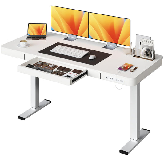 Shahoo Electric Standing Desk with Drawer, 55 x 24 inches with USB Charging Ports, Height Adjustable for Home & Office, White - WoodArtSupply