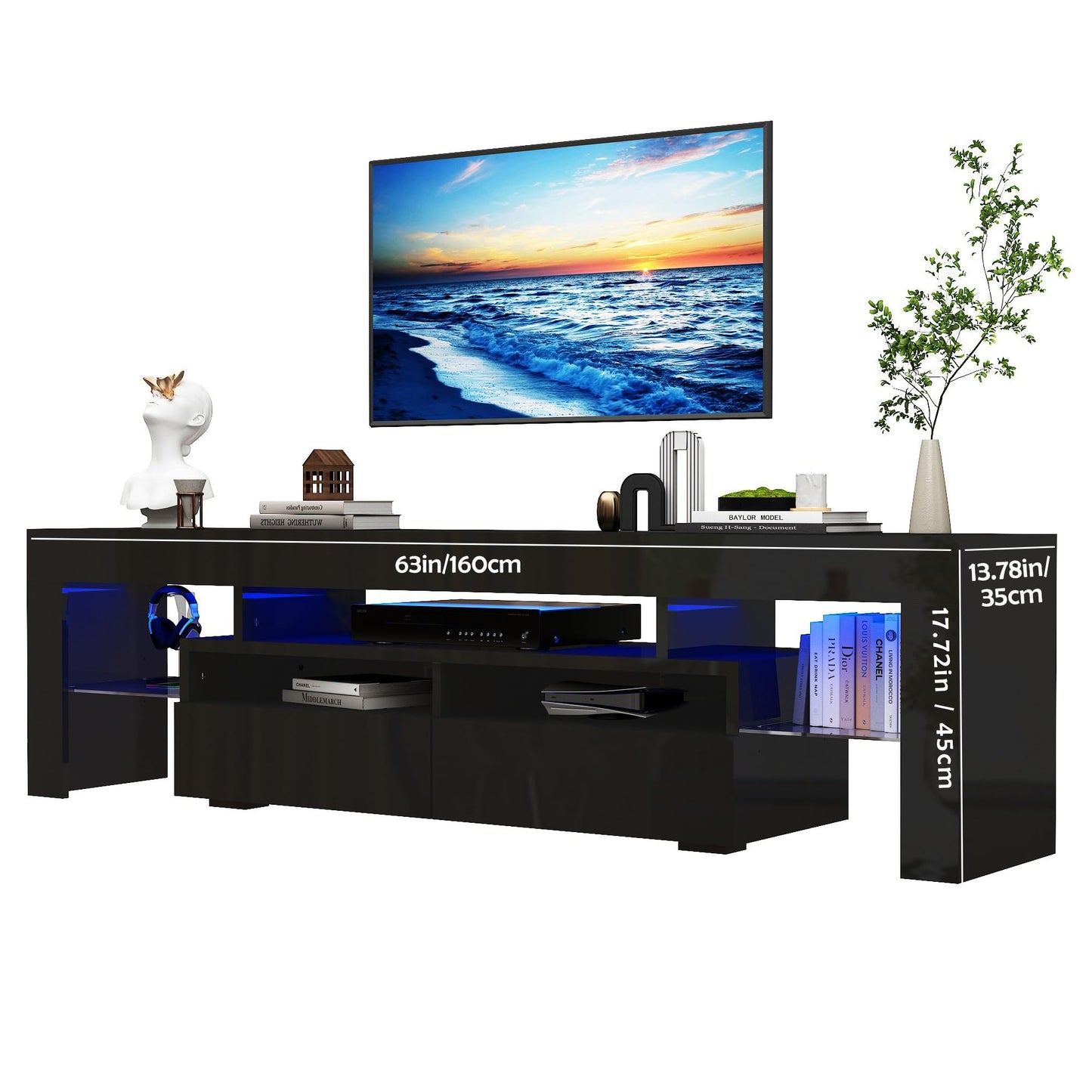 Uspeedy 63in TV Stand for 65/70 inch TV,Modern LED TV Stand for Living Room,Black TV Stand,High Gloss TV Entertainment Center with Storage Drawer,APP RGB Light,TV Console(63in Black) - WoodArtSupply