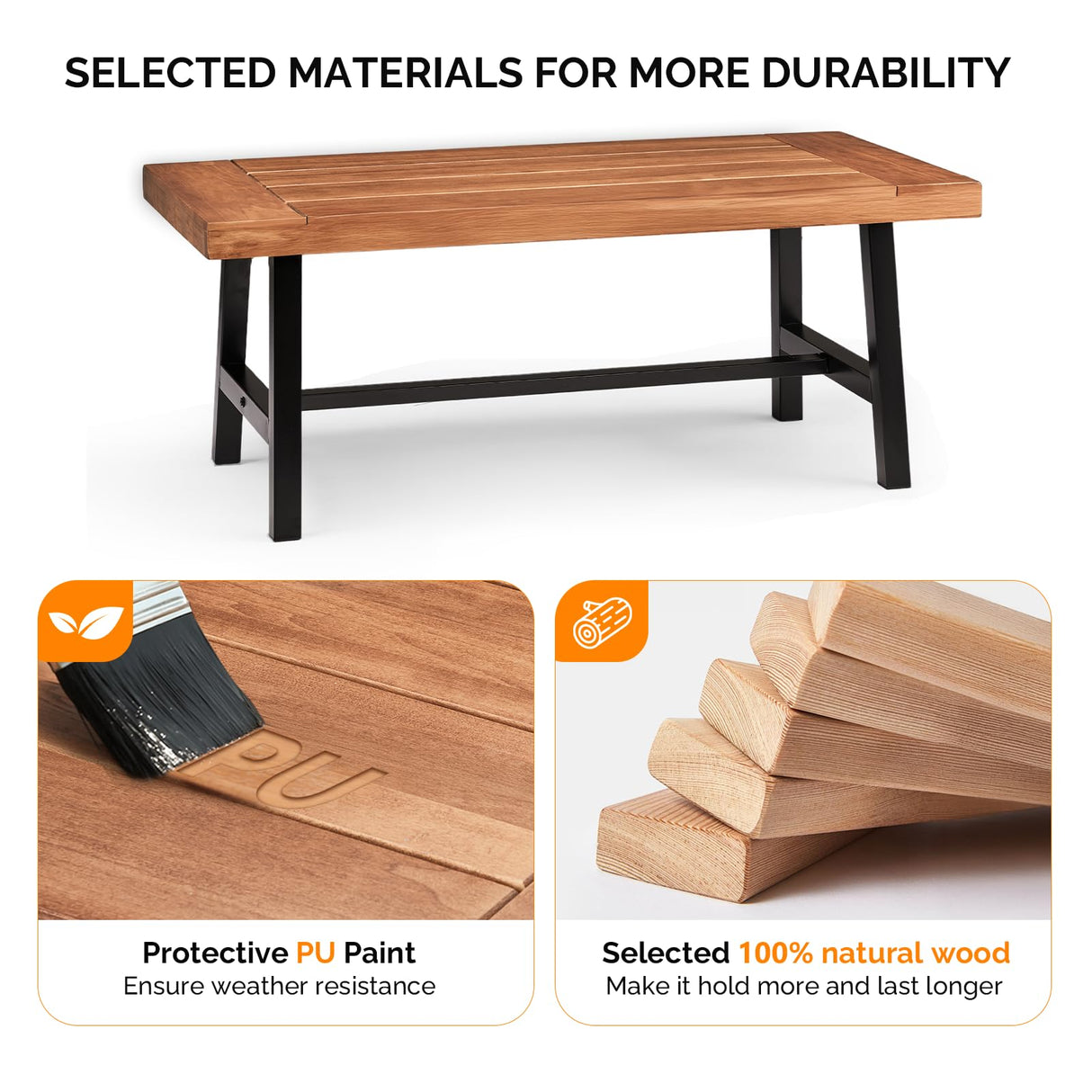 VINGLI Outdoor Wooden Coffee Table, Metal Frame Heavy Duty Patio Coffee Table for Outside, All Weather Solid Wood Low Outdoor Table for Balcony Porch and Deck, Rectangle VINGLI