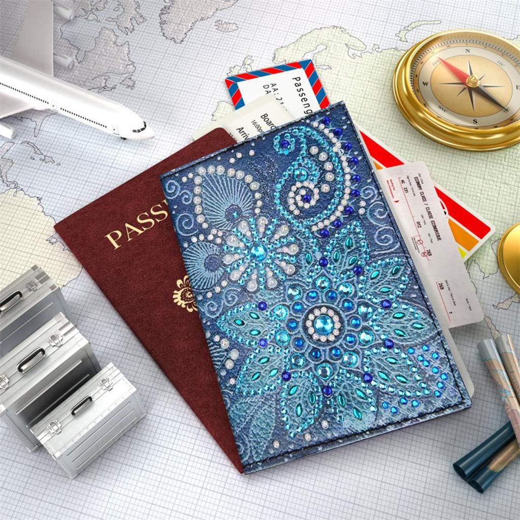 2 Pieces Diamond Painting Leather Passport Holder, DIY Special Shaped Crystal Painting Travel Passport Protective Cover for Boarding Pass, ID Card, Driver's License-20X14CM (AA085-AA220) Vocttaiy
