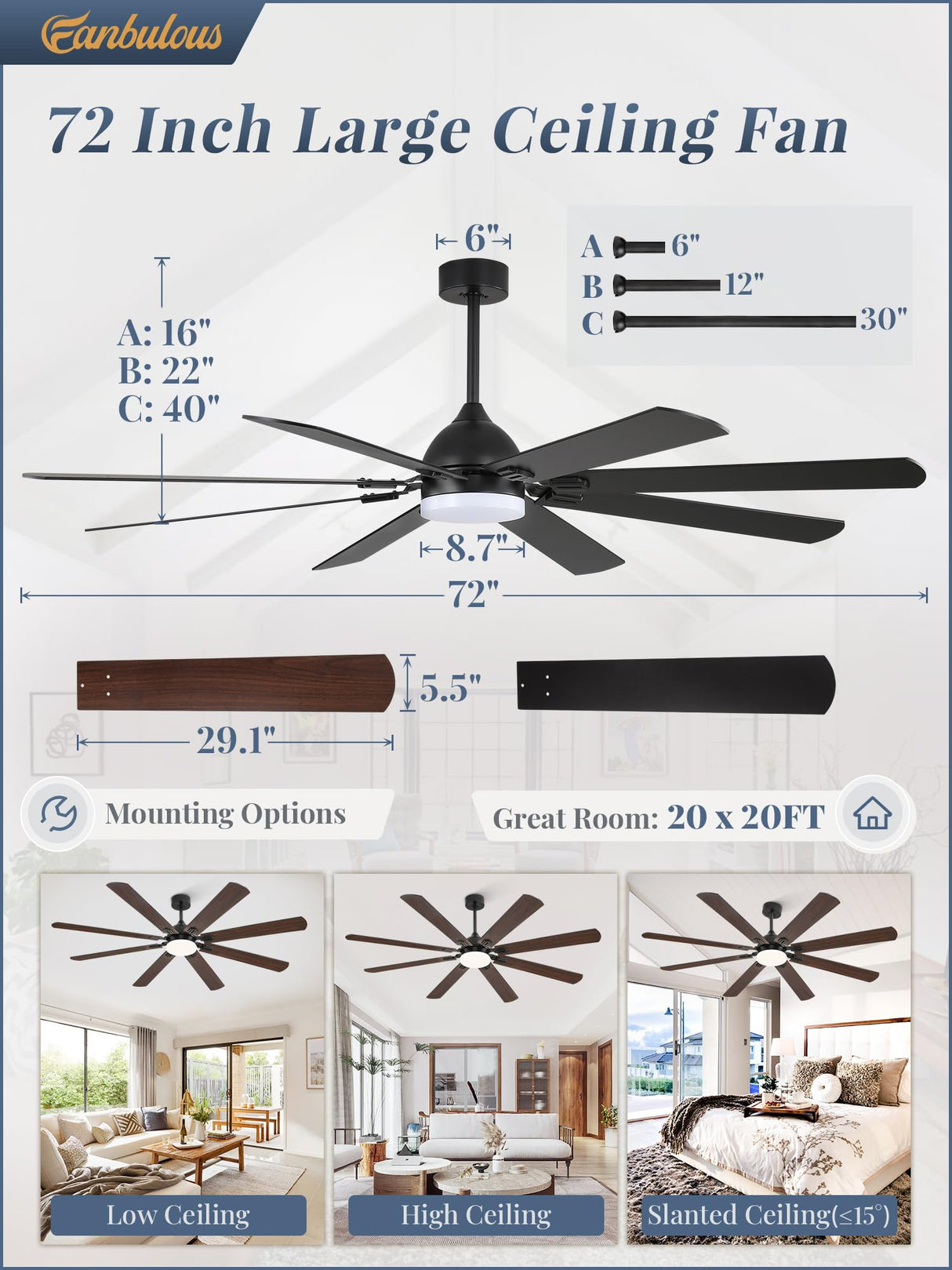 Fanbulous 72 Inch Ceiling Fans with Lights, Black Modern Ceiling Fan with Remote,Large Farmhouse Indoor & Outdoor Ceiling Fan with 8 Dual Finish Blades, Quiet DC Motor, Bright LED Light Fanbulous