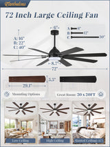 Fanbulous 72 Inch Ceiling Fans with Lights, Black Modern Ceiling Fan with Remote,Large Farmhouse Indoor & Outdoor Ceiling Fan with 8 Dual Finish Blades, Quiet DC Motor, Bright LED Light Fanbulous
