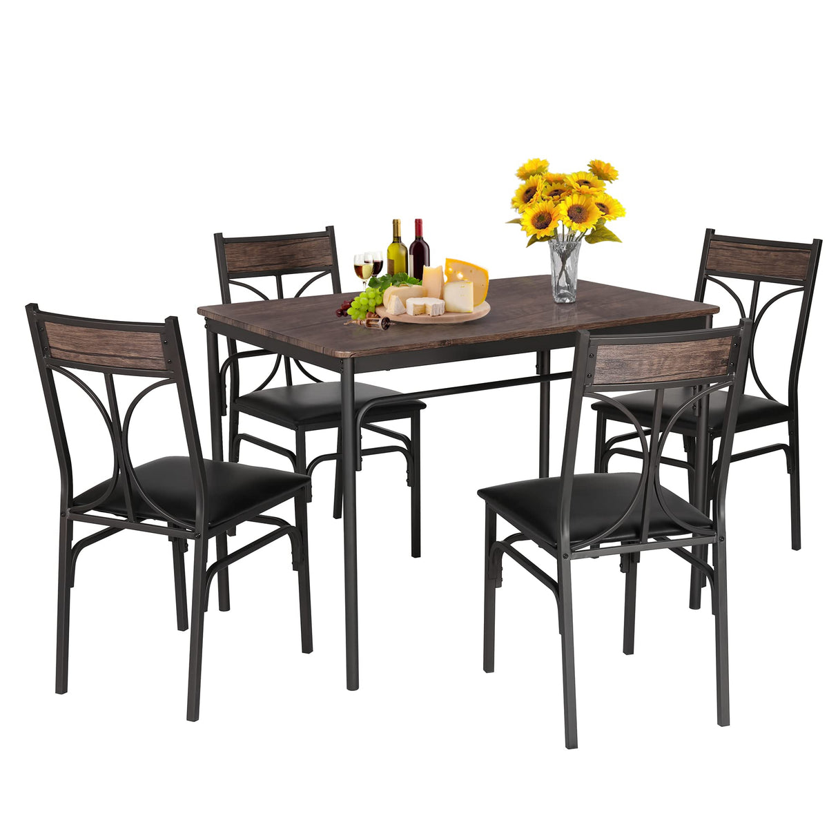 VECELO 5 Piece Kitchen Table Set for Dining Room,Dinette,Breakfast Nook,Industrial Style, Seating for Four, Brown VECELO