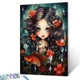Fashion Girl with Fish Paint by Numbers Kits with Brushes Underwater World Sealife Acrylic Oil Painting for Adults Kids Tropical Flowers Pictures Craft 16''x20" inch Room Decor Boho Gift (Frameless) TUMOVO