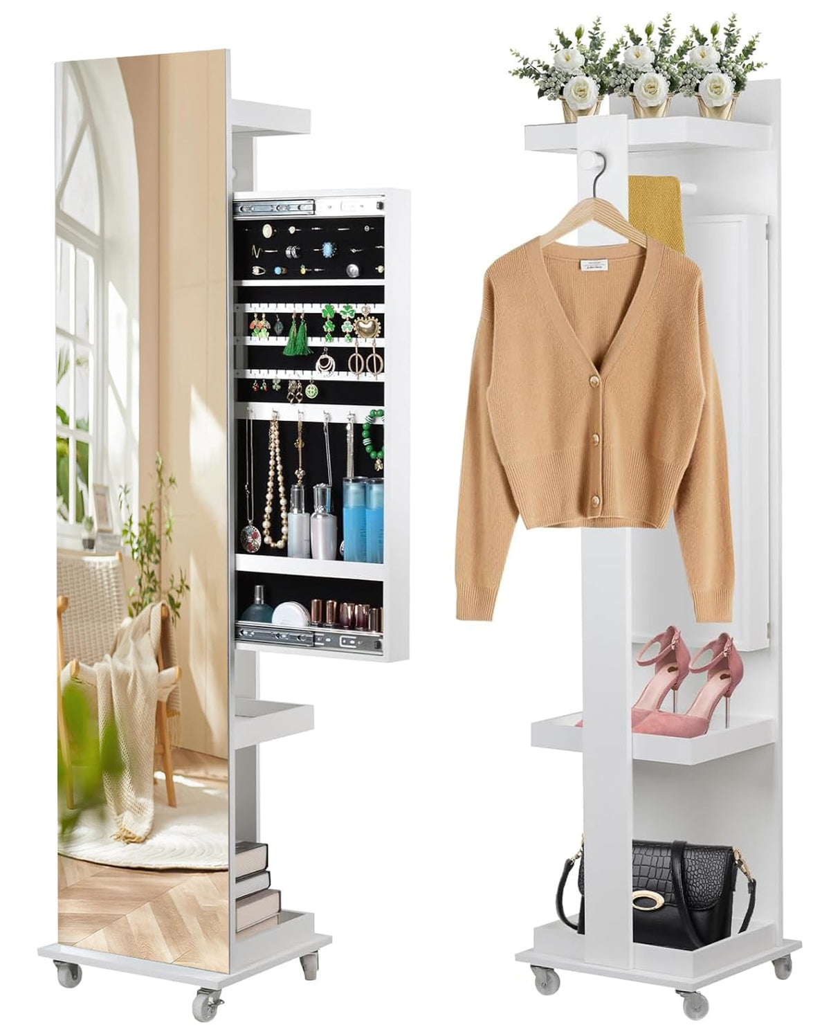 BOSTANA Jewelry Organizer, Push-Pull Jewelry Armoire Mirror with Storage Shelves Coat Rack, 360° Swivel Mirror Jewelry Cabinet Standing with Full Length Mirror, Gift Idea, White BOSTANA