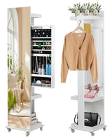 BOSTANA Jewelry Organizer, Push-Pull Jewelry Armoire Mirror with Storage Shelves Coat Rack, 360° Swivel Mirror Jewelry Cabinet Standing with Full Length Mirror, Gift Idea, White BOSTANA