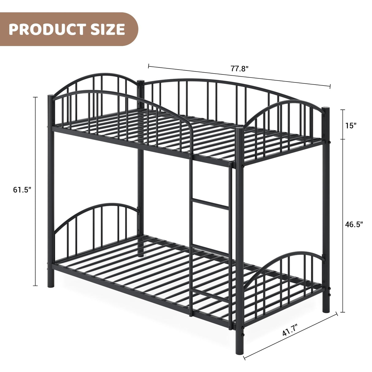 Garvee Bunk Bed Twin Over Twin with Ladder and Arched Guardrail, Heavy Duty Bunkbeds Frame with Sturdy Steel Slats Support for Kids Boys Girls, Space-Saving, No Box Spring Needed, Black Garvee