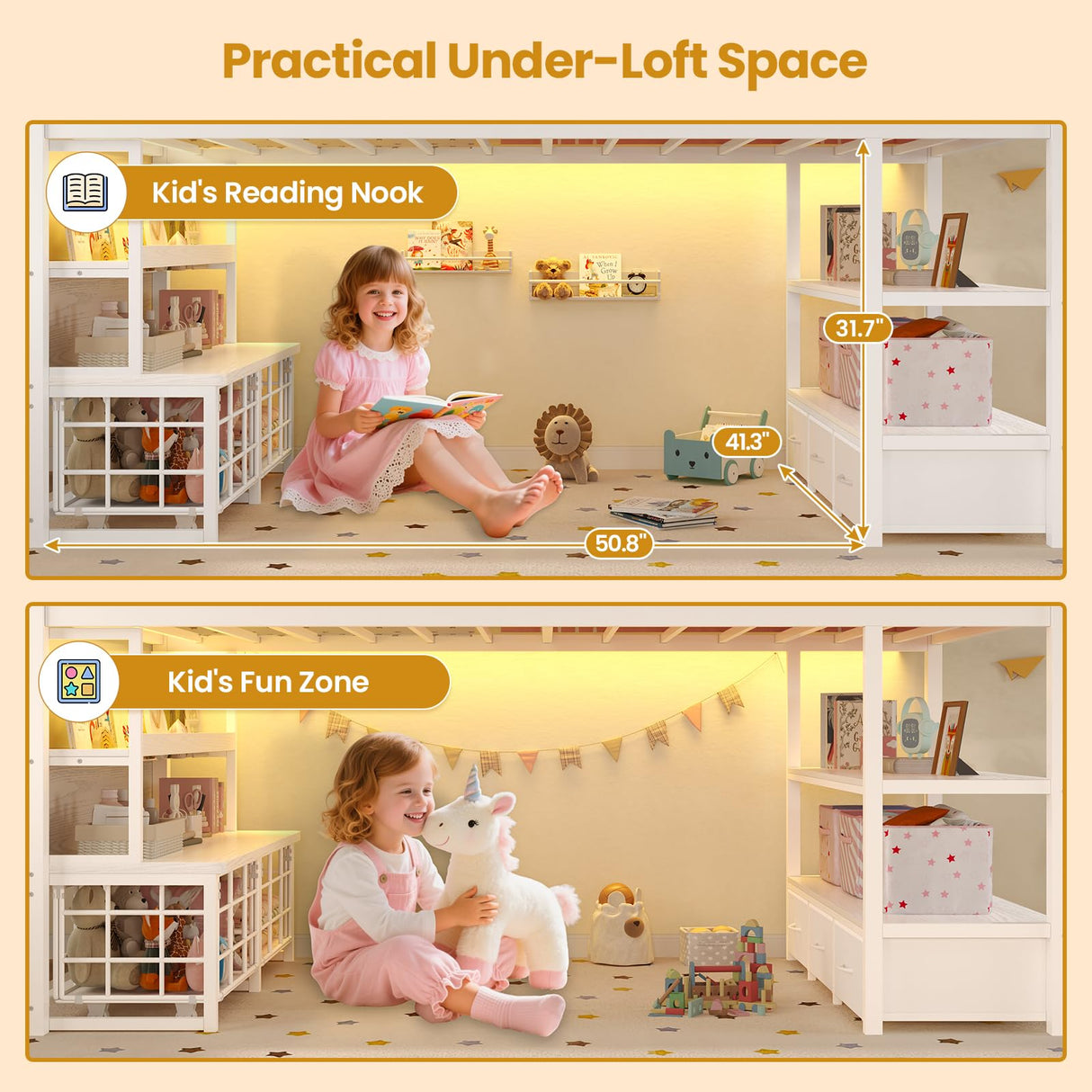 ADORNEVE Low Loft Bed Twin Size with 5 Storage Drawers, Twin Loft Bed with Bookcase & LED Lights, Open Storage Shelves, Metal House Bed with Safety Guardrail & Under-Bed Play Space for Kids, White ADORNEVE