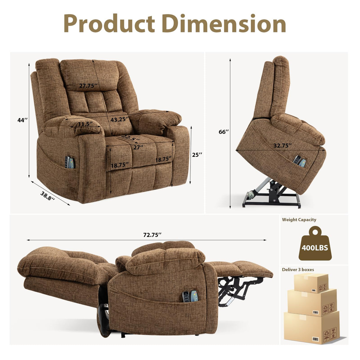 SINCRUMI 4-Motor Power Lift Chairs for Elderly with Heat & Massage, Infinite Position Adjustable Headrest, Lumbar and Footrest, Wide Seat Lay Flat Recliner with Hidden Cup Holders, Brown SINCRUMI