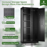 Reemoon Broom Closet Storage Cabinet with Wheels and Pegboard,Metal Garage Storage Cabinet with Doors and Adjustable Shelves for Garage Home,Required Assembly,Black Reemoon