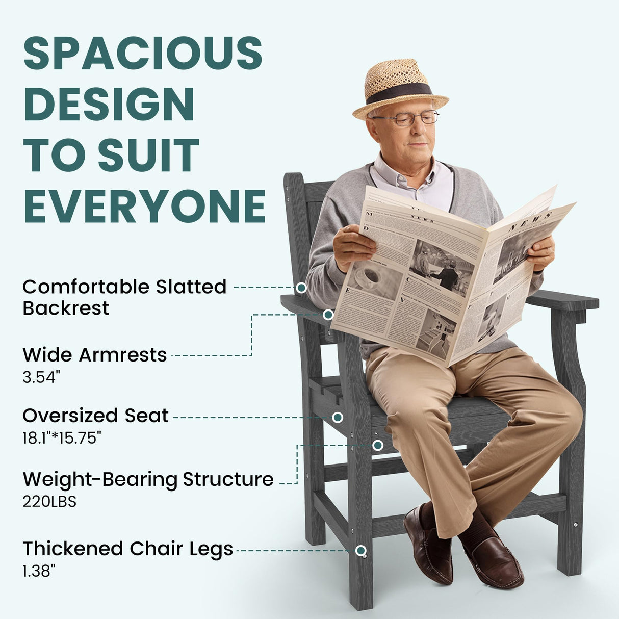 Pamapic 5 PCS Outdoor Dining Set, Spacious HDPE Outdoor Table with 2 Chairs and 2 Bench, Wood Grain Patio Furniture Sets with Elegant Armrest, All-Weather Patio Dining Table with Umbrella Hole, Gray Pamapic