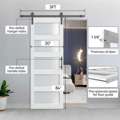 BARNSMITH 30in x 84in Glass Barn Door with 5FT Sliding Door Hardware Kit Included & Handle & Lock,5-Panel Frosted Glass Barn Door Solid Wood Water-Proof PVC Surface,Pre-Drilled Easy Assembly, - WoodArtSupply