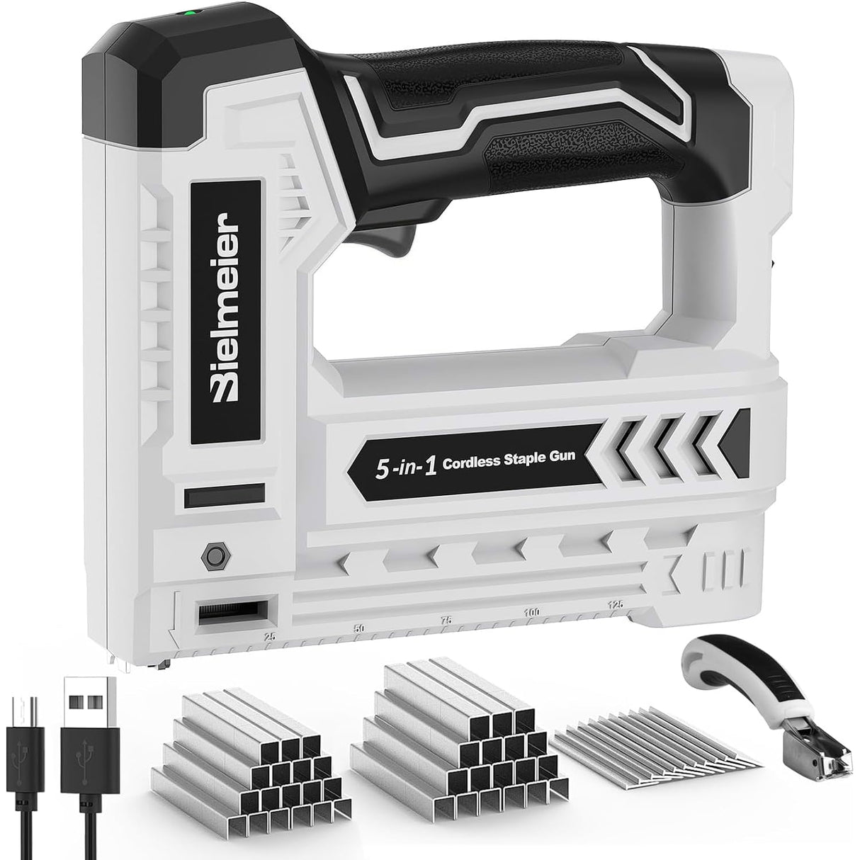 Bielmeier Electric Staple Gun 5 in 1 Band Nailer, 4V Rechargeable Cordless Stapler, Nail Gun Battery Powered with 2,000 Staples and Nails, Power Tacker Pin Nailer for Home Use, Wood, Upholstery, DIY BIELMEIER