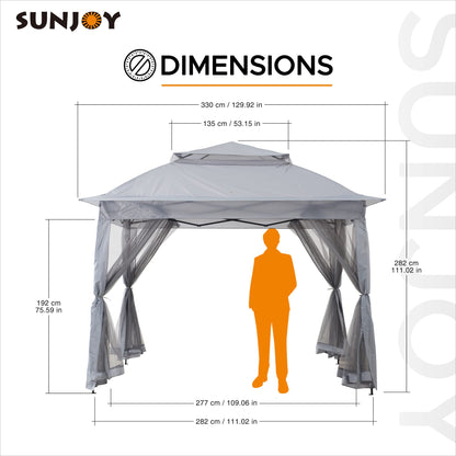 Sunjoy 11x11 ft. Pop-Up Instant Gazebo, Outdoor Portable Steel Frame 2-Tier Top Canopy/Tent with Netting and Carry Bag, Gray - WoodArtSupply