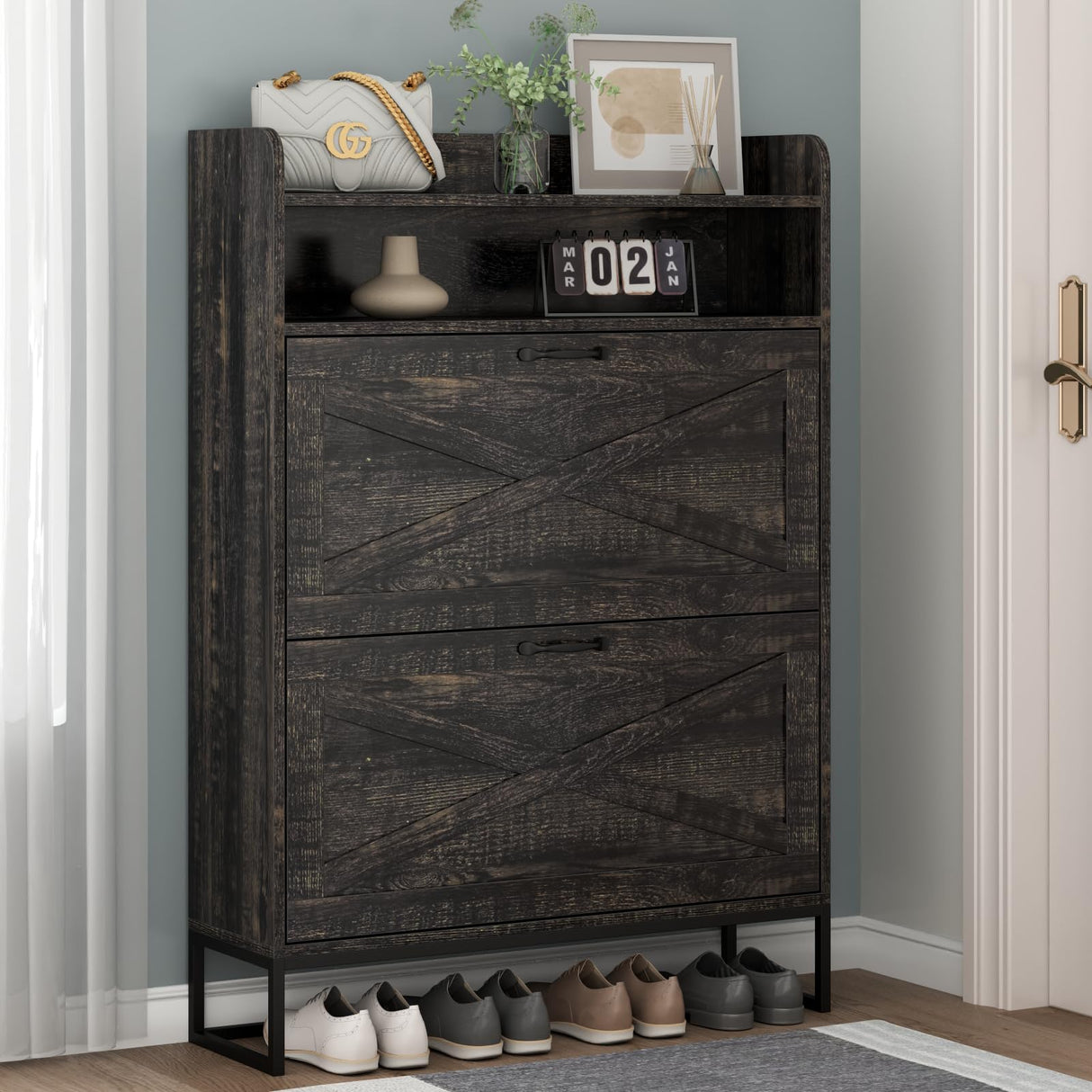 Auromie Shoe Cabinet, Freestanding Tipping Bucket Shoe Storage Cabinet with 2 Flip Drawers, Entryway Shoe Rack with Storage Top Cubby, Narrow Slim Hidden Shoe Organizer with Doors (Black Oak) Auromie