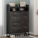 Auromie Shoe Cabinet, Freestanding Tipping Bucket Shoe Storage Cabinet with 2 Flip Drawers, Entryway Shoe Rack with Storage Top Cubby, Narrow Slim Hidden Shoe Organizer with Doors (Black Oak) Auromie
