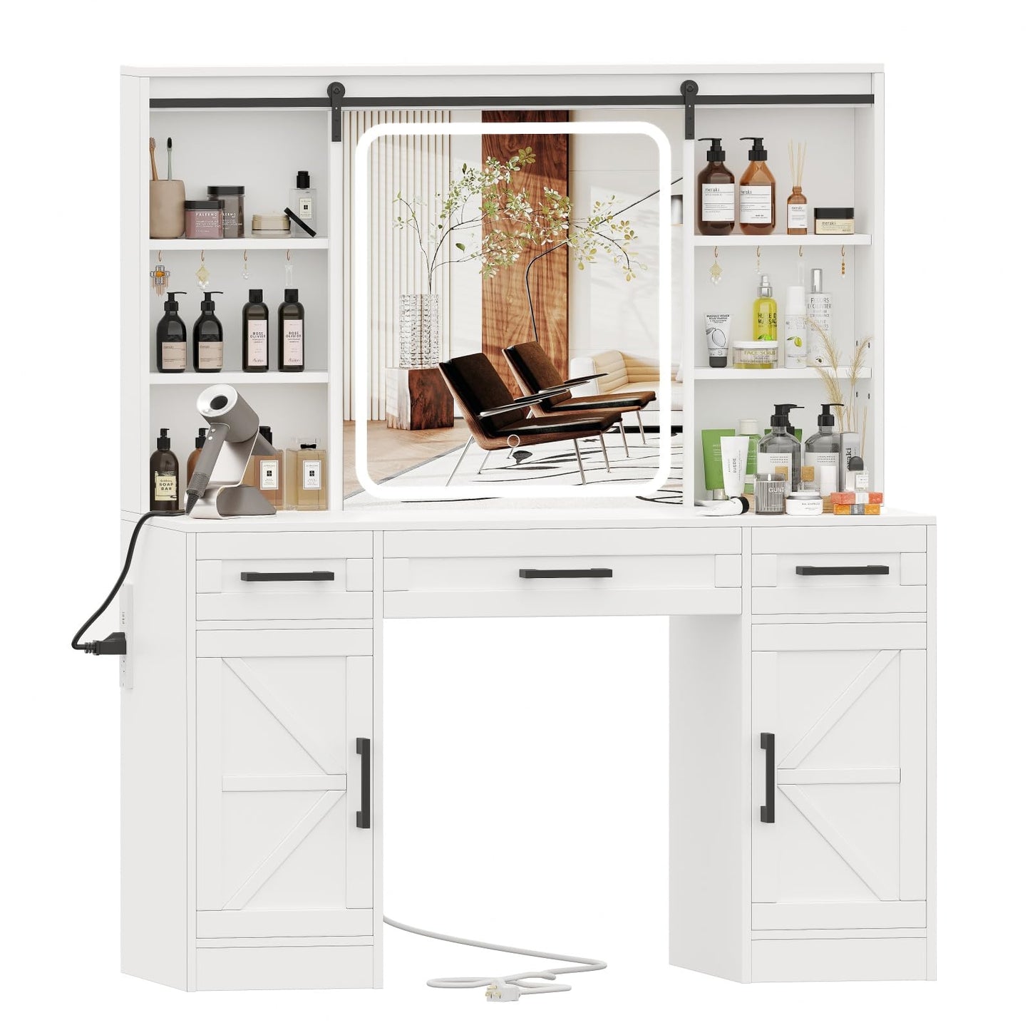 Irontar Farmhouse Makeup Vanity Desk with Sliding Mirror & Charging Station, Vanity Table with Lights & Hidden Storage Shelves, Makeup Desk with 3