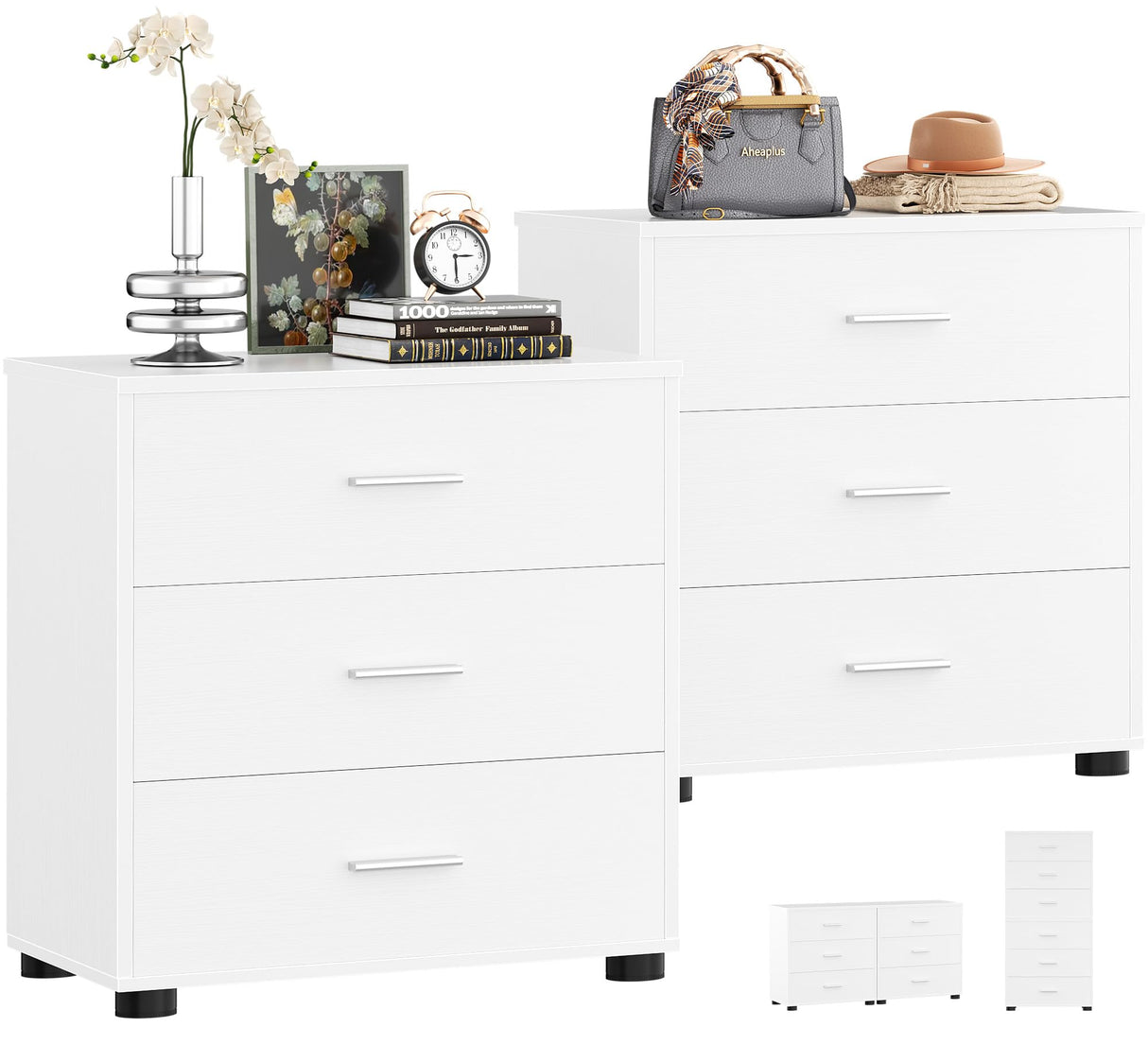 Aheaplus Closet Drawers Set of 2, Wood Closet Organizers and Storage with 3 Drawers, Closet Drawers Organizer System, Nightstands Bedside End Table with 3 Drawers Storage for Bedroom, White Aheaplus