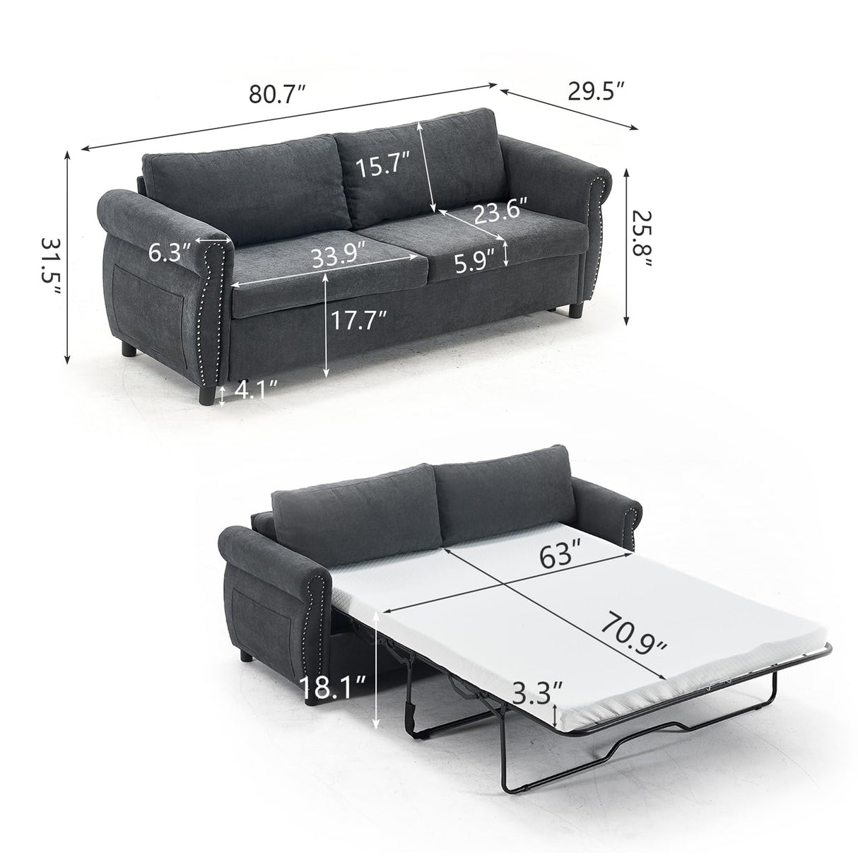 80.7" Pull Out Sofa Bed, 2-in-1 Velvet Queen Convertible Sleeper Couch with Memory Foam Mattress & Solid Wood Bed Frame, Large Pullout Couch Bed for Living Room, Apartment, Small Space,Dark Gray HANLIVES