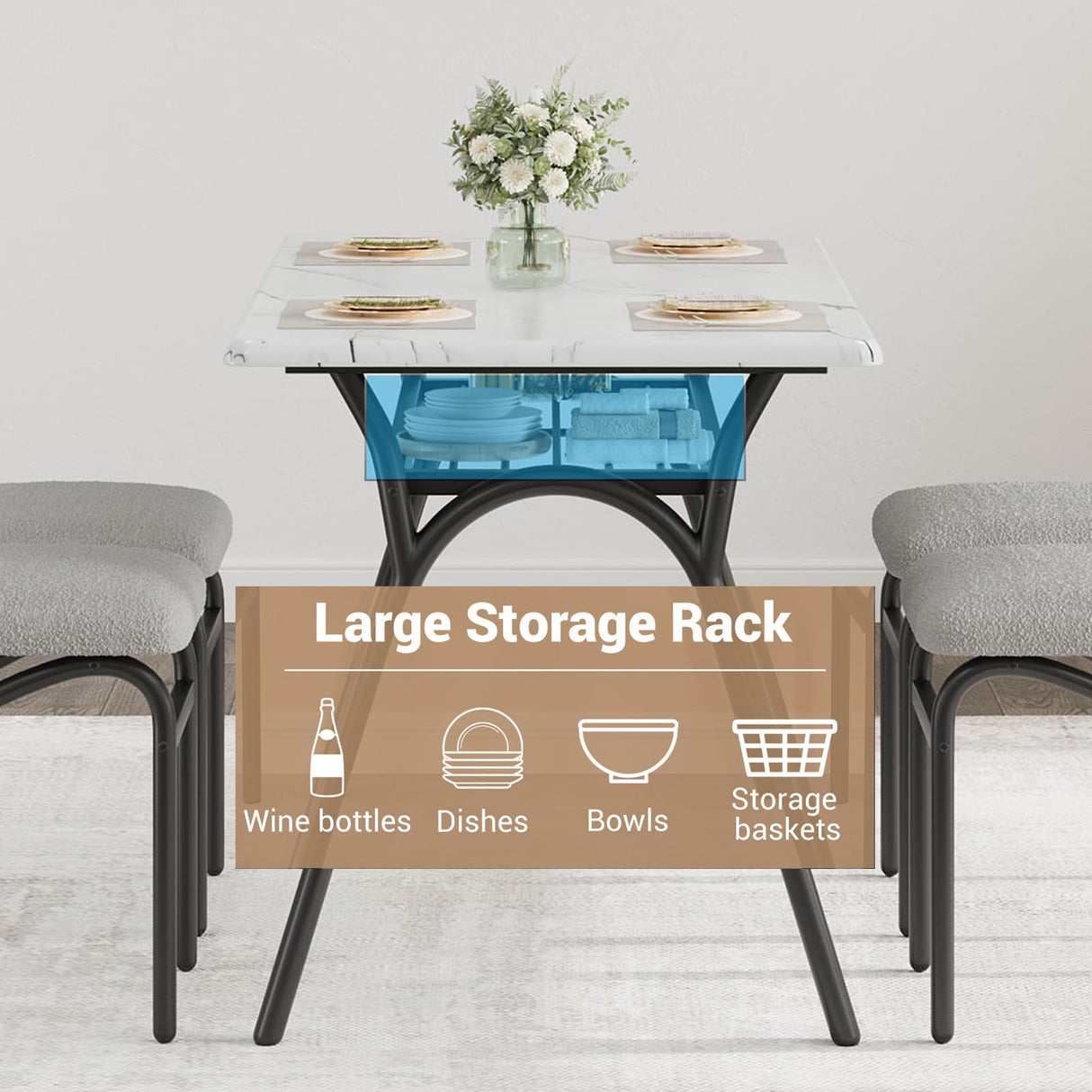 GarveeHome 5-Piece Dining Table Set for 4, Modern Kitchen Table with 4 Boucle Chairs, Rectangular Dining Table with Storage Shelf & Marble Tabletop, Beige Home Dining Furniture for Small Space GarveeHome