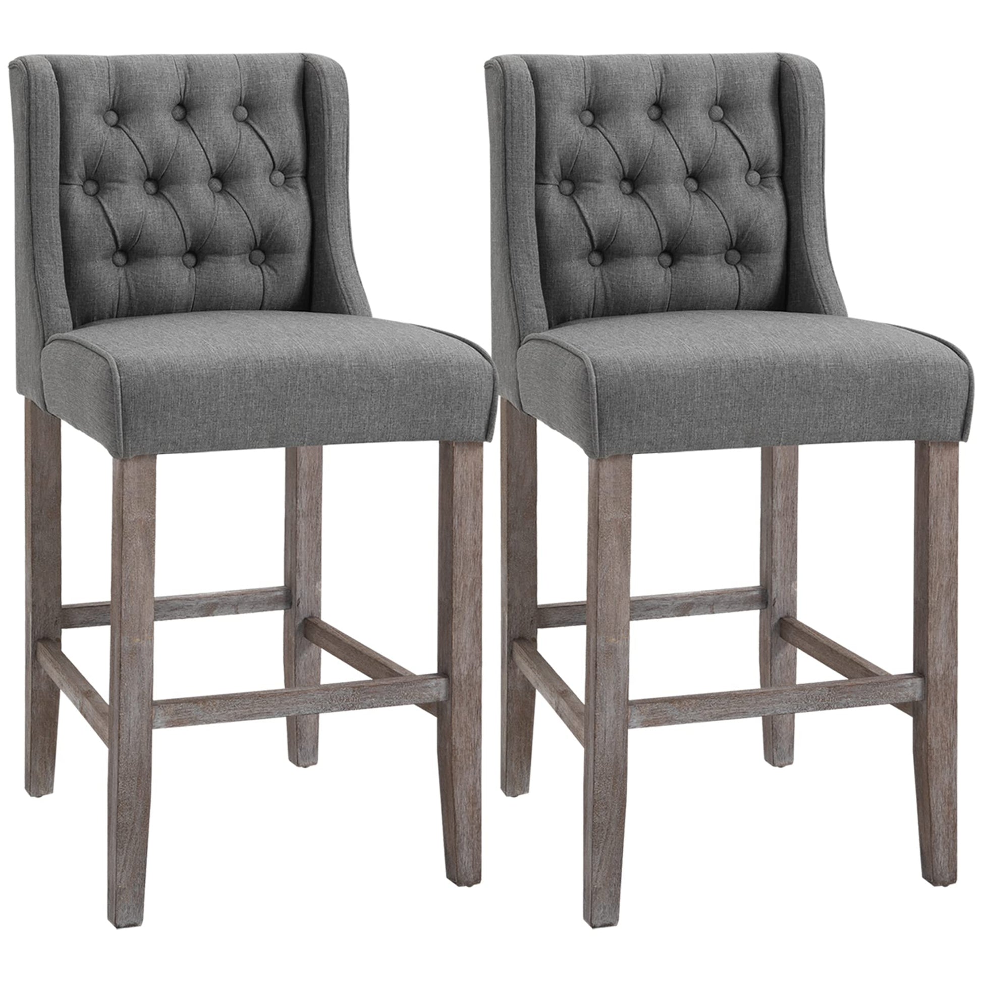 HOMCOM 26.25" Counter Height Bar Stools, Tufted Wingback Armless Upholstered Dining Chair with Rubber Wood Legs, Set of 2, Gray - WoodArtSupply