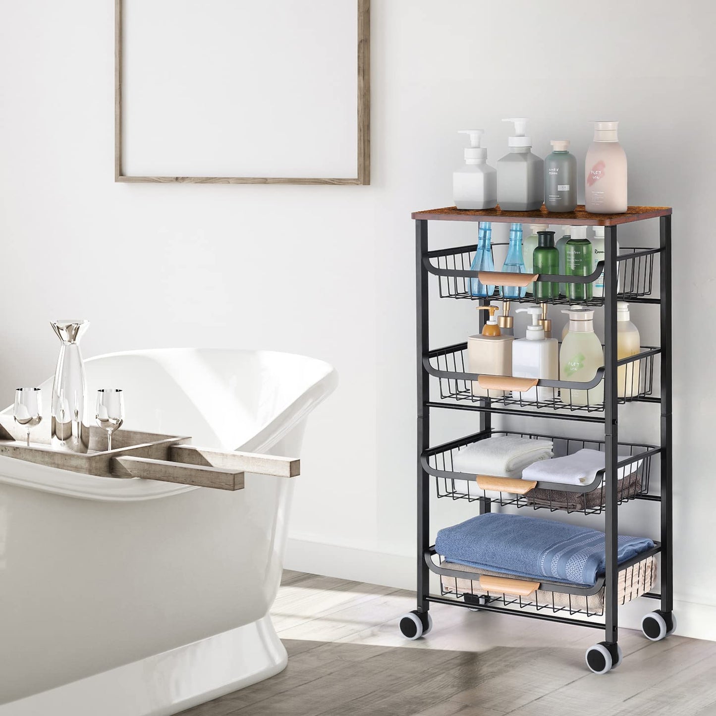 Kitchen Storage Rolling Cart, Kitchen Cart with Lockable Wheels, 5 Tier Metal Wire Basket Shelf Rolling Storage Cart with Wooden Handle, Wood Cover Top Kitchen Island Cart for Home, Office - WoodArtSupply