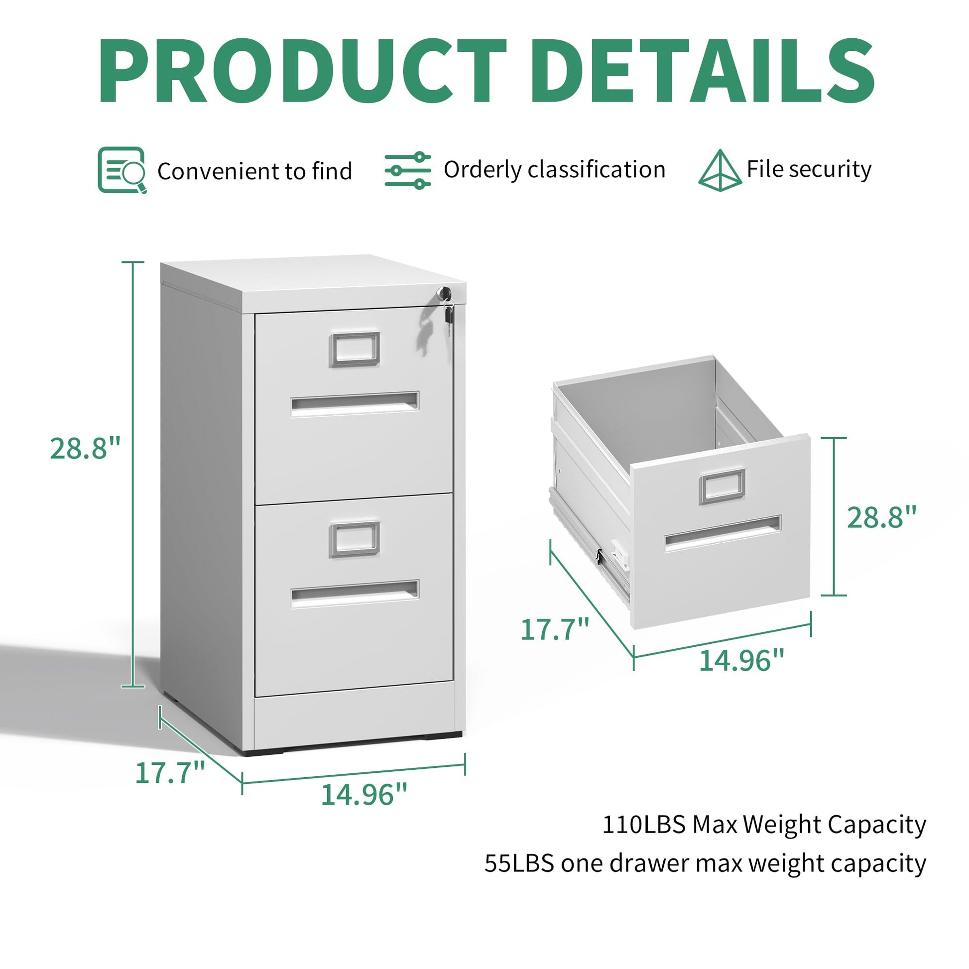 VIYET 2 Drawer File Cabinet,Metal Filing Cabinets with Lock,White Vertical File Cabinet for Home Office,Heavy Duty Metal Storage Cabinet for A4/Letter/Legal Size File,Assembly Required - WoodArtSupply