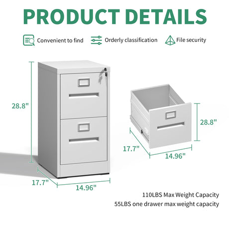 VIYET 2 Drawer File Cabinet,Metal Filing Cabinets with Lock,White Vertical File Cabinet for Home Office,Heavy Duty Metal Storage Cabinet for A4/Letter/Legal Size File,Assembly Required VIYET