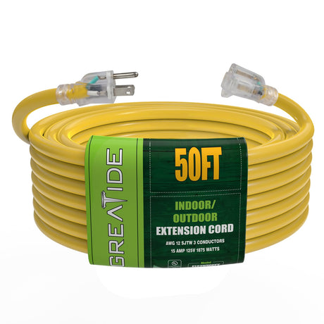 GREATIDE Outdoor Extension Cord with Lighted End, 12 Gauge Heavy Duty Extension Cord 50 FT, 3 Prong Grounded 15 Amp Extension Cord, 12/3 SJTW Waterproof Power Cord for Appliance, UL Listed, Black GREATIDE
