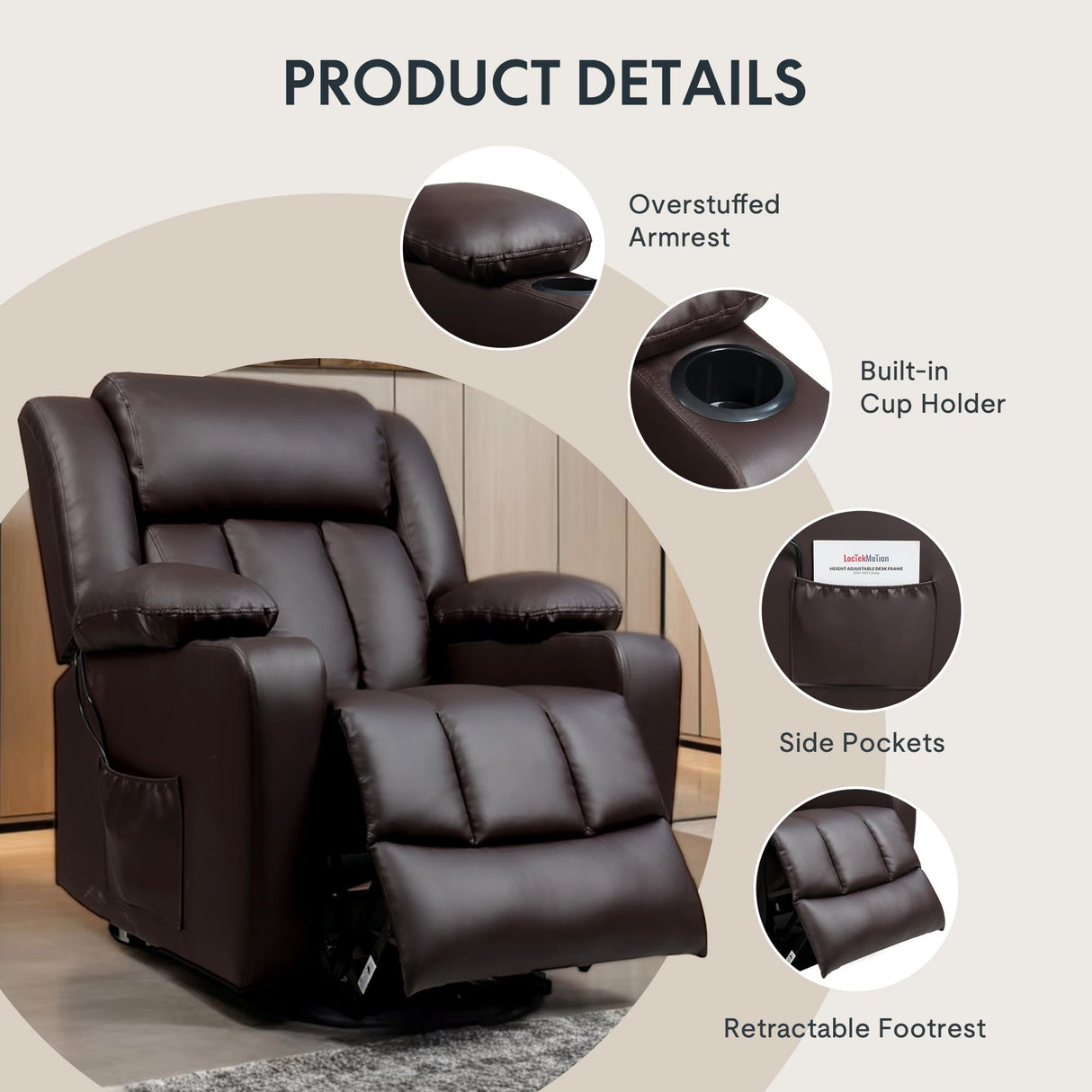 FLEXISPOT XL31 Power Lift Recliner Chair for Elderly, Electric Leather Lift Recliner Chair w/Massage & Heat, Cup Holders, Lift Reclining Chair Sofa for Living Room Bedroom (Brown) FLEXISPOT