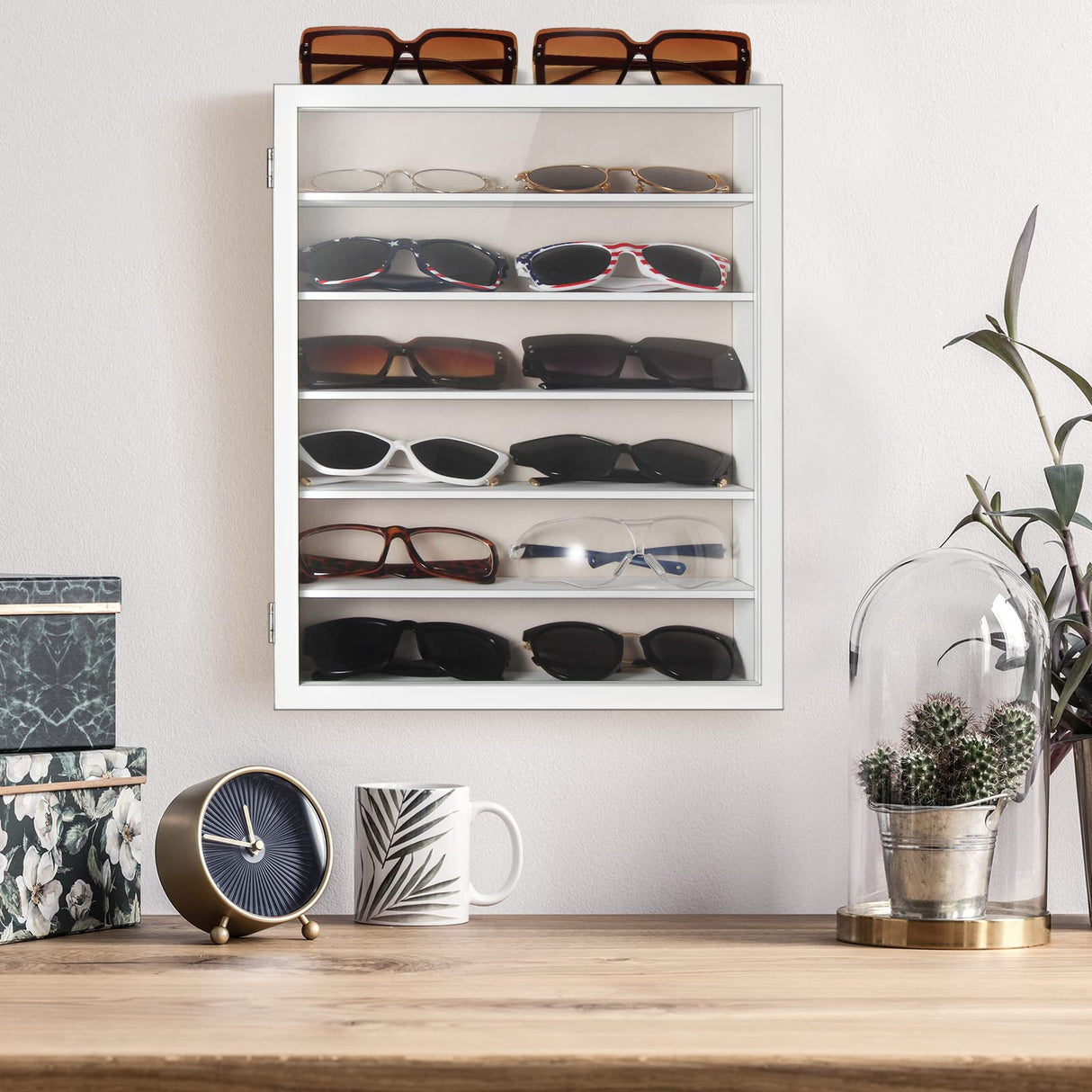 TJ.MOREE Sunglasses Organizer Storage Wall Mounted: 13 x 15.6 inches Eyewear Display Case Rustic Wood Eyeglasses Holder Large Glasses Storage Box,White TJ.MOREE