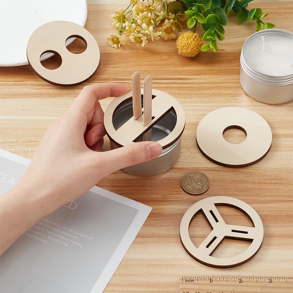 BENECREAT 8 Pcs 4 Styles Wooden Wick Centering Tool, 2.95 Inch Engraved Patterned Wick Holder, Candle Wick Stabilizer for Candle Making DIY BENECREAT
