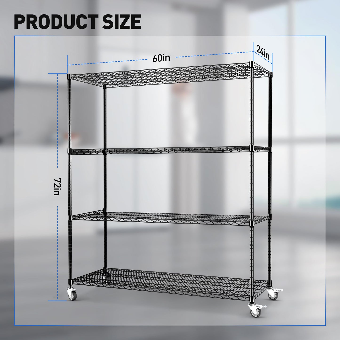 Rengue 4-Tier Wire Shelving with Wheels, 60"x 24"x72" Metal Storage Shelves, Heavy Duty Garage Storage Shelves, Chrome 2400LBS Capacity Wire Shelf Rack for Restaurant, Garage, Pantry, Black