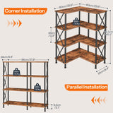 HOOBRO Corner Bookshelf, 4-Tier L-Shaped Bookcase, Industrial Open Display Shelf Tall Storage Organizer, Vertical Storage Rack, for Living Room, Home Office, Rustic Brown and Black BF59SJ01 HOOBRO