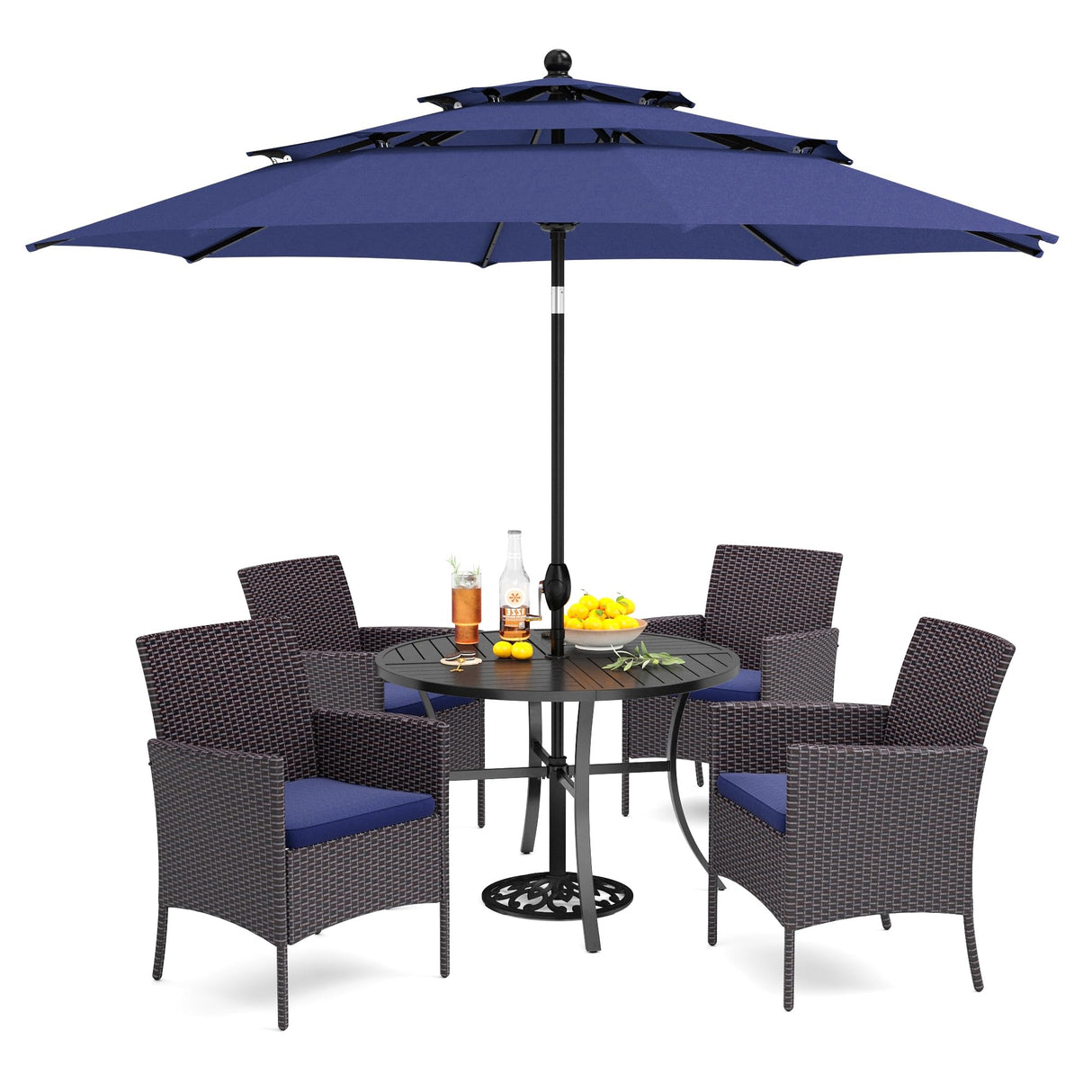 PHI VILLA 5 Piece Outdoor Dining Set with Umbrella for 4, Round Metal Steel Dining Table & Wicker Chairs with Cushions & Blue Umbrella, Modern Furniture for Patio, Deck, Yard, Porch PHI VILLA