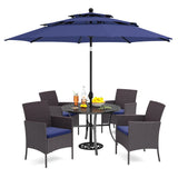 PHI VILLA 5 Piece Outdoor Dining Set with Umbrella for 4, Round Metal Steel Dining Table & Wicker Chairs with Cushions & Blue Umbrella, Modern Furniture for Patio, Deck, Yard, Porch PHI VILLA