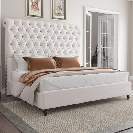 AMERLIFE King Size Bed Frame 60" Tall Sleigh Headboard Bed with Velvet Upholstered Platform, No Box Spring Needed, Cream AMERLIFE
