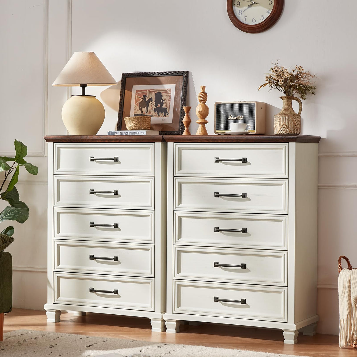 SAVOR LIFE Farmhouse 5 Drawer Dresser for Bedroom, 45” Tall Dresser for Closet, Rustic Wooden Chests of Drawer for Bedroom, Hallway, Entryway, White SAVOR LIFE