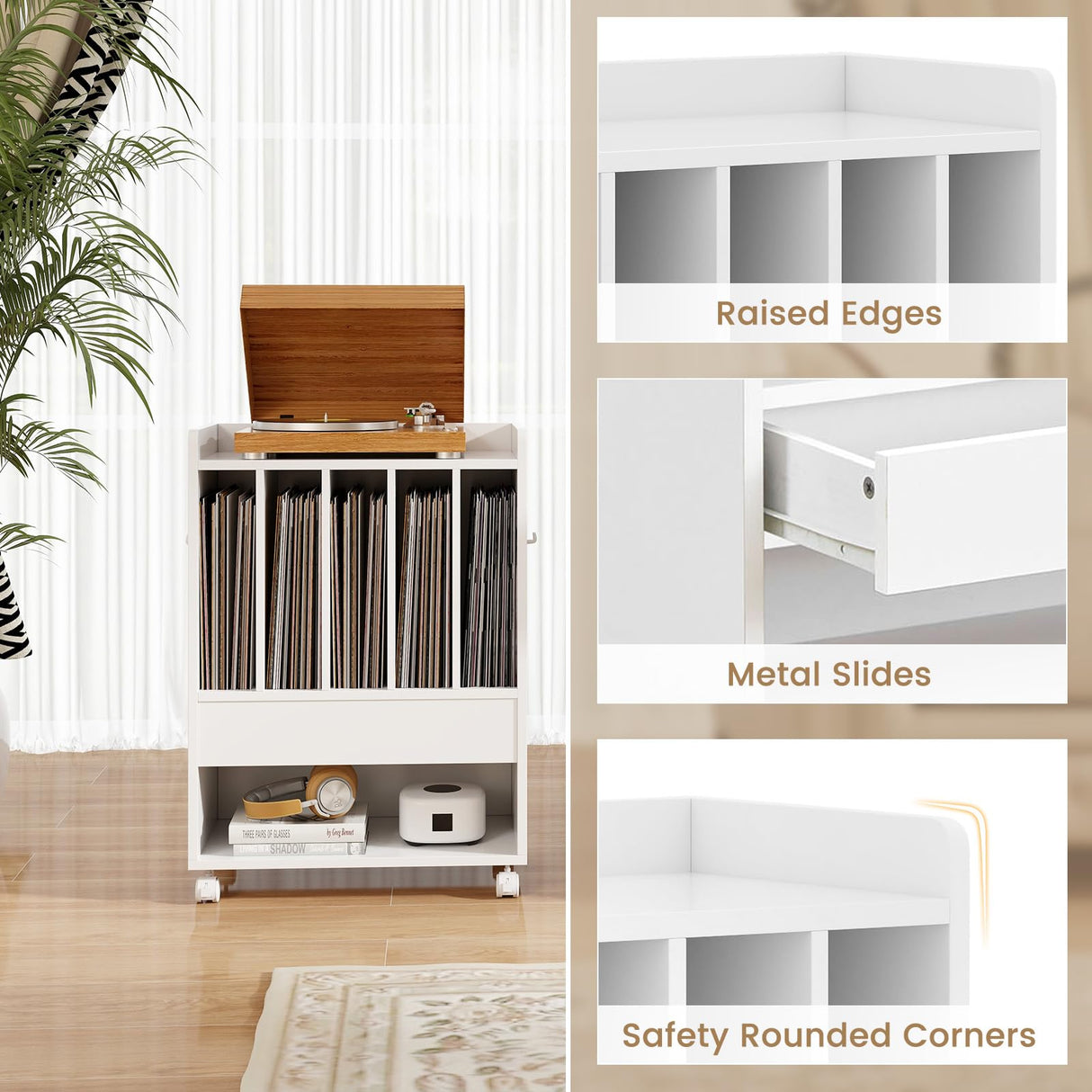 LOKO Record Player Table on Wheels, Turntable Stand with Pull-Out Drawer & Open Shelf, Rolling Storage Cabinet, Vinyl Record Display Rack Holds Up to 180 Albums, for Living Room Bedroom Study (White) LOKO