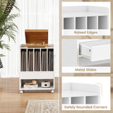 LOKO Record Player Table on Wheels, Turntable Stand with Pull-Out Drawer & Open Shelf, Rolling Storage Cabinet, Vinyl Record Display Rack Holds Up to 180 Albums, for Living Room Bedroom Study (White) LOKO