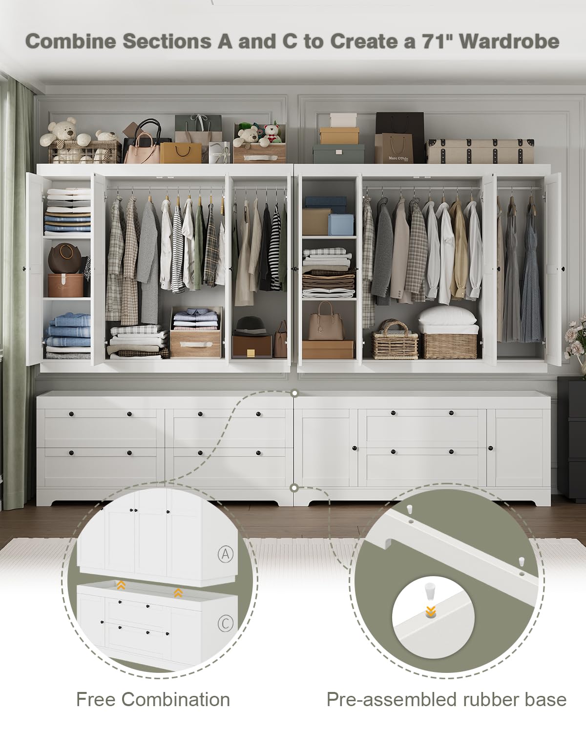 8 Door Large Wardrobe Closet 71" Tall White Wooden Freestanding Storage Armoire – Oversize Capacity Modular Cabinet with Drawers, Space-Saving Durable Design for Bedroom & Closet Organization Buenhomino